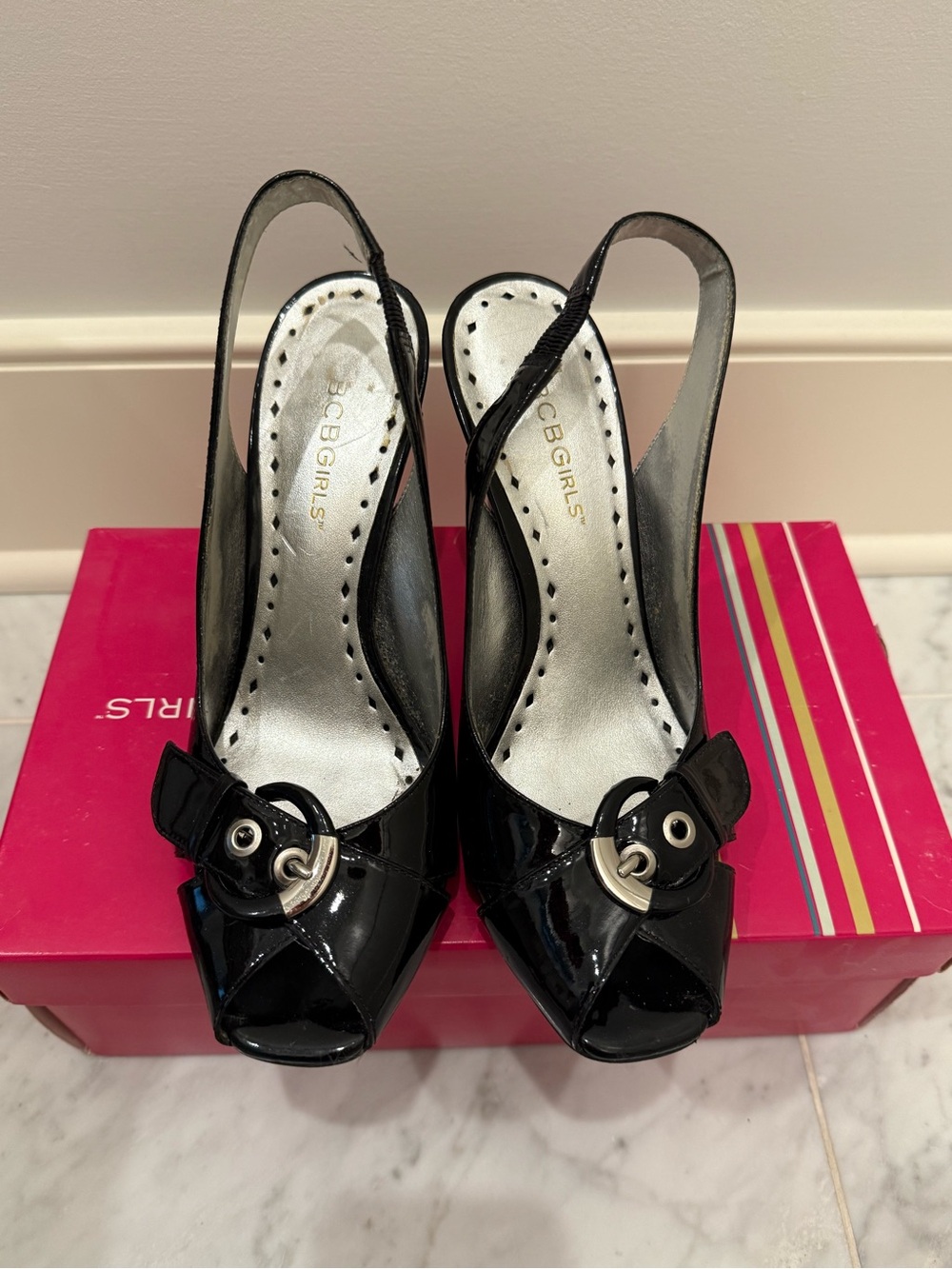 BCBGirls Black Patent Slingback Peep Toe Heels with Buckle Accent